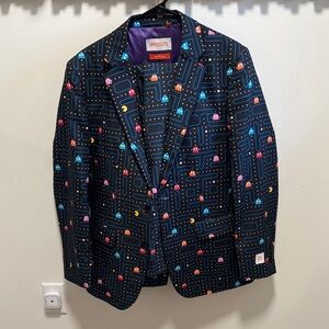 OppoSuits Black Pac-Man Maze Print Blazer with Colorful Game Icons